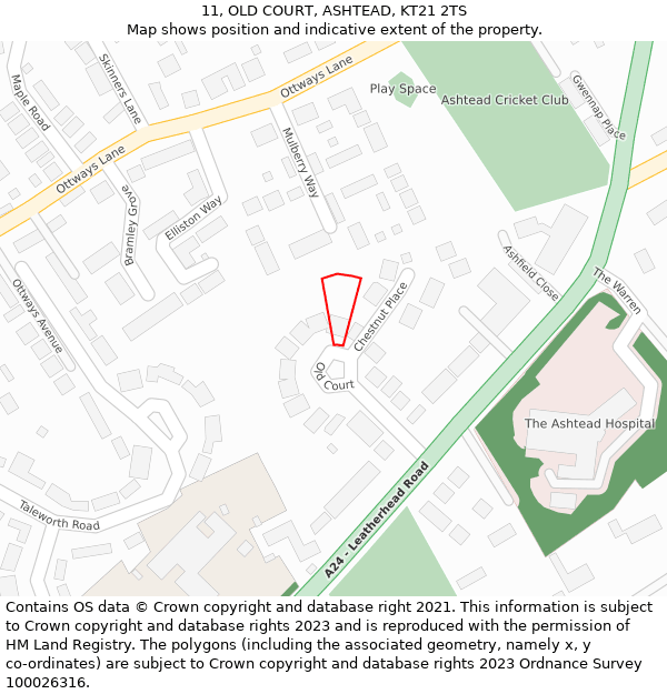 11, OLD COURT, ASHTEAD, KT21 2TS: Location map and indicative extent of plot