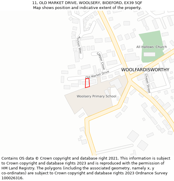 11, OLD MARKET DRIVE, WOOLSERY, BIDEFORD, EX39 5QF: Location map and indicative extent of plot