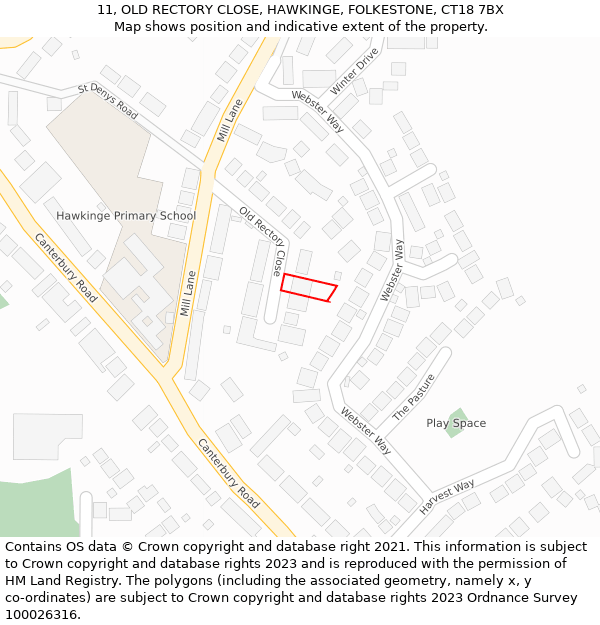 11, OLD RECTORY CLOSE, HAWKINGE, FOLKESTONE, CT18 7BX: Location map and indicative extent of plot