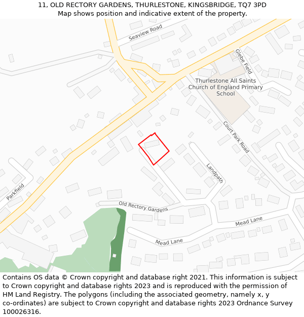 11, OLD RECTORY GARDENS, THURLESTONE, KINGSBRIDGE, TQ7 3PD: Location map and indicative extent of plot
