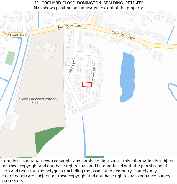 11, ORCHARD CLOSE, DONINGTON, SPALDING, PE11 4TY: Location map and indicative extent of plot