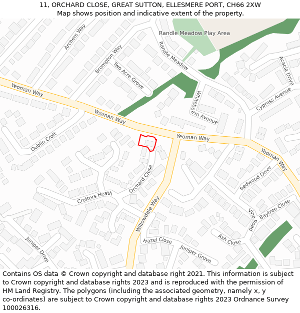 11, ORCHARD CLOSE, GREAT SUTTON, ELLESMERE PORT, CH66 2XW: Location map and indicative extent of plot