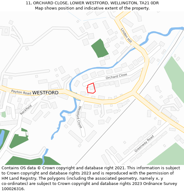 11, ORCHARD CLOSE, LOWER WESTFORD, WELLINGTON, TA21 0DR: Location map and indicative extent of plot