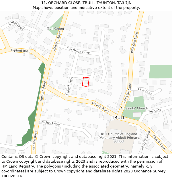 11, ORCHARD CLOSE, TRULL, TAUNTON, TA3 7JN: Location map and indicative extent of plot