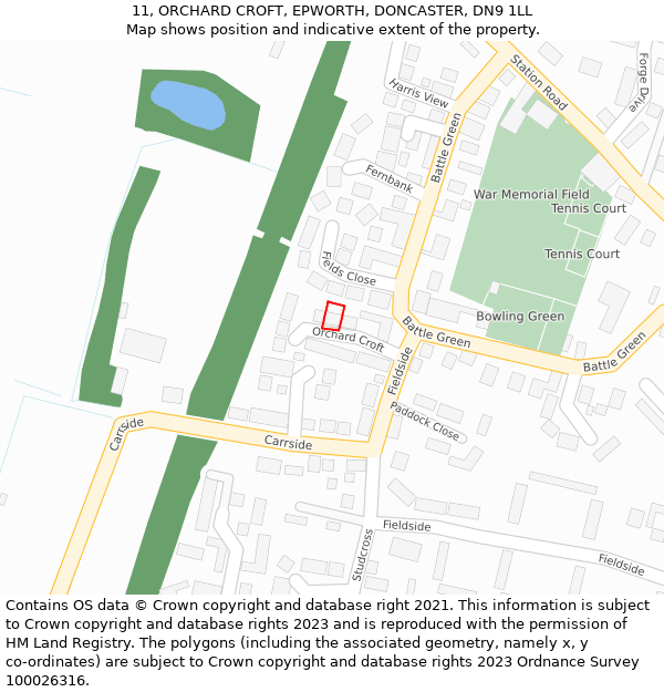 11, ORCHARD CROFT, EPWORTH, DONCASTER, DN9 1LL: Location map and indicative extent of plot