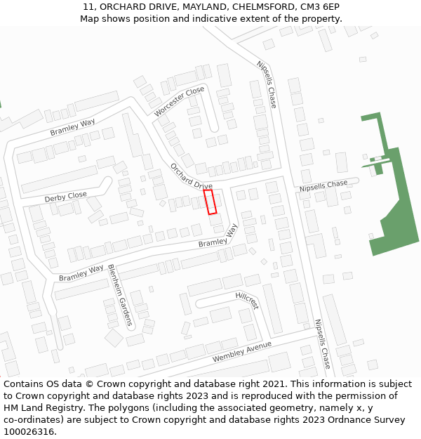 11, ORCHARD DRIVE, MAYLAND, CHELMSFORD, CM3 6EP: Location map and indicative extent of plot