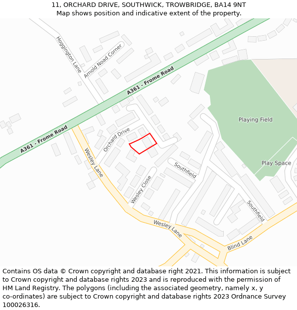 11, ORCHARD DRIVE, SOUTHWICK, TROWBRIDGE, BA14 9NT: Location map and indicative extent of plot