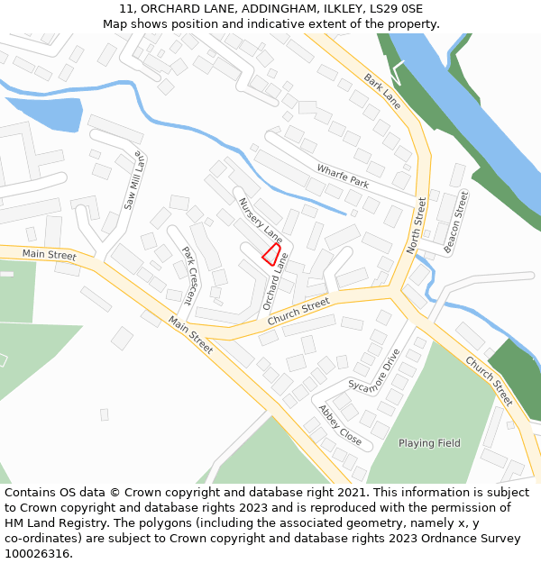 11, ORCHARD LANE, ADDINGHAM, ILKLEY, LS29 0SE: Location map and indicative extent of plot