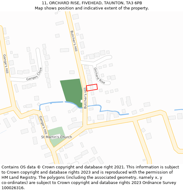 11, ORCHARD RISE, FIVEHEAD, TAUNTON, TA3 6PB: Location map and indicative extent of plot