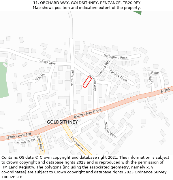 11, ORCHARD WAY, GOLDSITHNEY, PENZANCE, TR20 9EY: Location map and indicative extent of plot