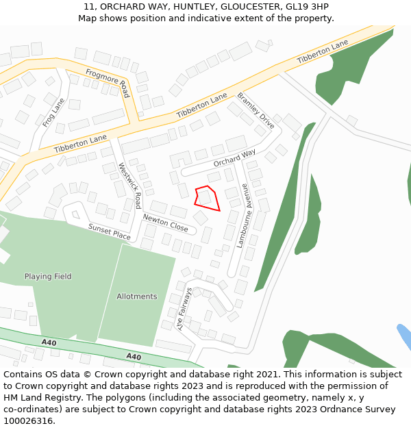 11, ORCHARD WAY, HUNTLEY, GLOUCESTER, GL19 3HP: Location map and indicative extent of plot