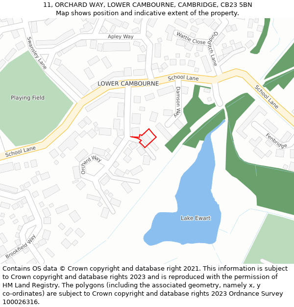 11, ORCHARD WAY, LOWER CAMBOURNE, CAMBRIDGE, CB23 5BN: Location map and indicative extent of plot