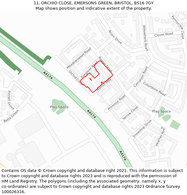 11, ORCHID CLOSE, EMERSONS GREEN, BRISTOL, BS16 7GY: Location map and indicative extent of plot