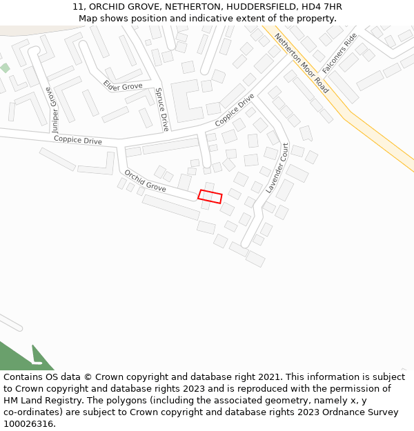 11, ORCHID GROVE, NETHERTON, HUDDERSFIELD, HD4 7HR: Location map and indicative extent of plot