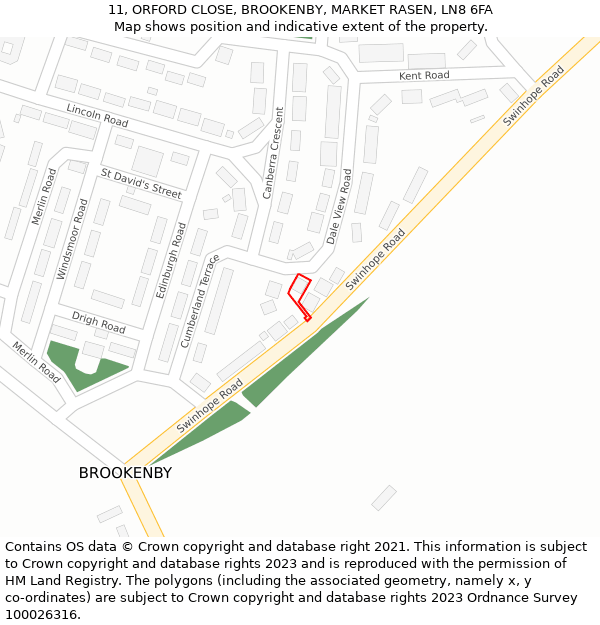 11, ORFORD CLOSE, BROOKENBY, MARKET RASEN, LN8 6FA: Location map and indicative extent of plot