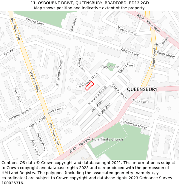 11, OSBOURNE DRIVE, QUEENSBURY, BRADFORD, BD13 2GD: Location map and indicative extent of plot