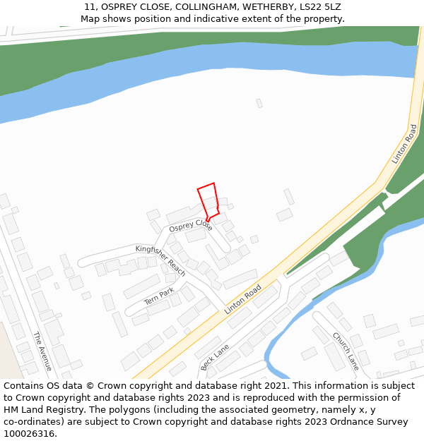 11, OSPREY CLOSE, COLLINGHAM, WETHERBY, LS22 5LZ: Location map and indicative extent of plot