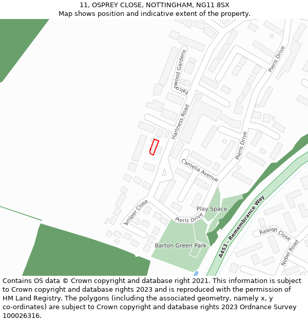 11, OSPREY CLOSE, NOTTINGHAM, NG11 8SX: Location map and indicative extent of plot