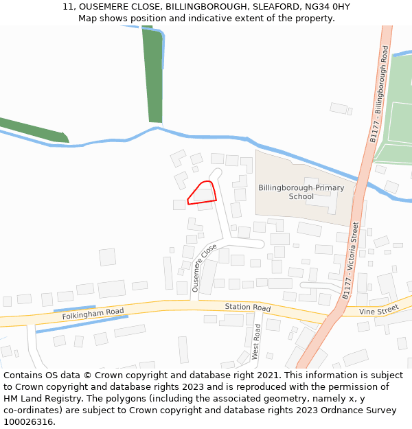 11, OUSEMERE CLOSE, BILLINGBOROUGH, SLEAFORD, NG34 0HY: Location map and indicative extent of plot