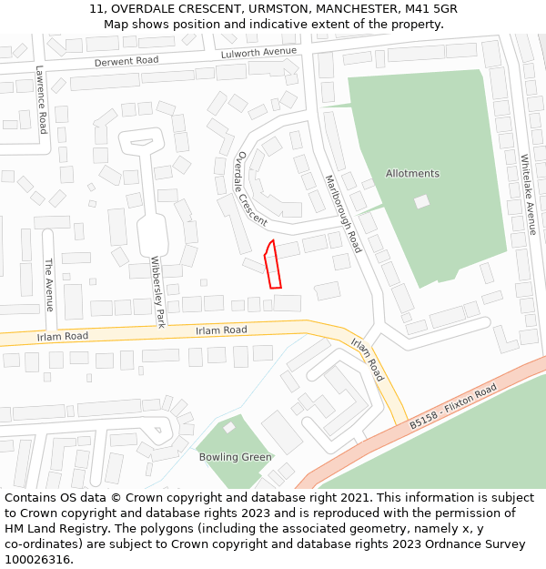 11, OVERDALE CRESCENT, URMSTON, MANCHESTER, M41 5GR: Location map and indicative extent of plot