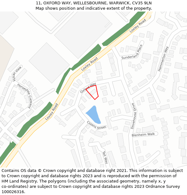 11, OXFORD WAY, WELLESBOURNE, WARWICK, CV35 9LN: Location map and indicative extent of plot