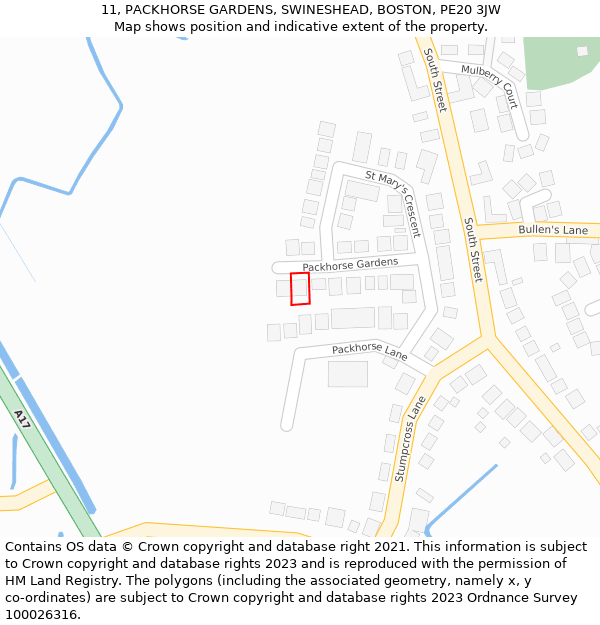 11, PACKHORSE GARDENS, SWINESHEAD, BOSTON, PE20 3JW: Location map and indicative extent of plot