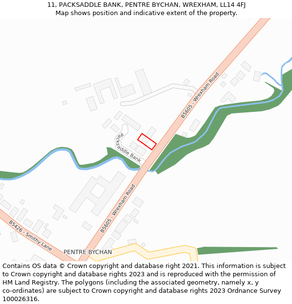 11, PACKSADDLE BANK, PENTRE BYCHAN, WREXHAM, LL14 4FJ: Location map and indicative extent of plot