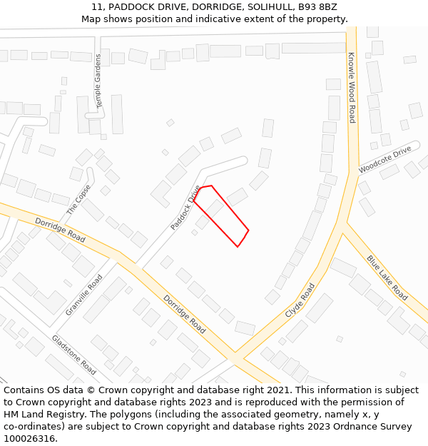 11, PADDOCK DRIVE, DORRIDGE, SOLIHULL, B93 8BZ: Location map and indicative extent of plot