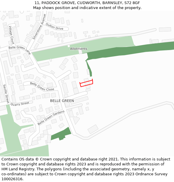 11, PADDOCK GROVE, CUDWORTH, BARNSLEY, S72 8GF: Location map and indicative extent of plot