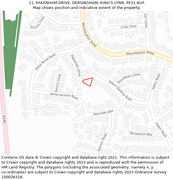 11, PAKENHAM DRIVE, DERSINGHAM, KING'S LYNN, PE31 6UA: Location map and indicative extent of plot