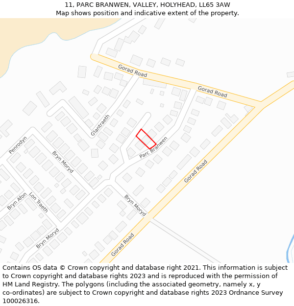 11, PARC BRANWEN, VALLEY, HOLYHEAD, LL65 3AW: Location map and indicative extent of plot