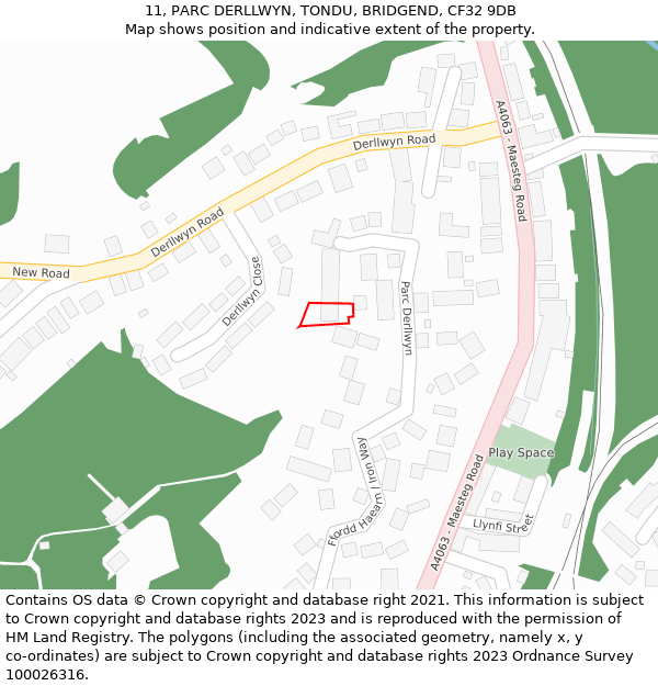 11, PARC DERLLWYN, TONDU, BRIDGEND, CF32 9DB: Location map and indicative extent of plot