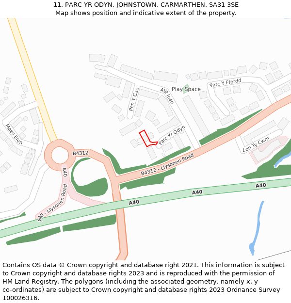 11, PARC YR ODYN, JOHNSTOWN, CARMARTHEN, SA31 3SE: Location map and indicative extent of plot