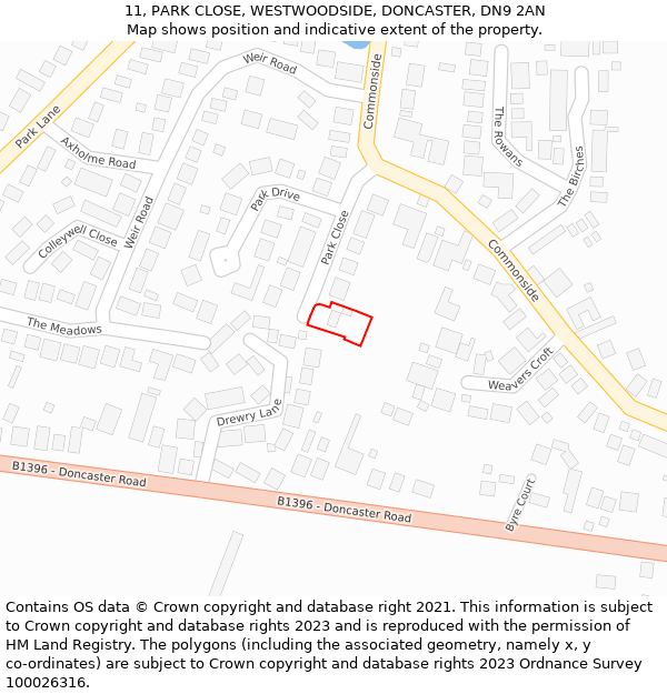 11, PARK CLOSE, WESTWOODSIDE, DONCASTER, DN9 2AN: Location map and indicative extent of plot