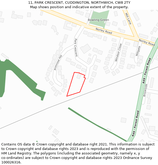 11, PARK CRESCENT, CUDDINGTON, NORTHWICH, CW8 2TY: Location map and indicative extent of plot