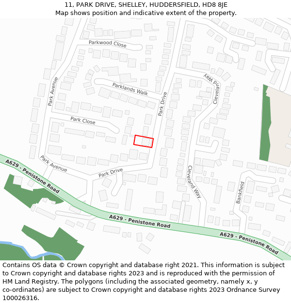 11, PARK DRIVE, SHELLEY, HUDDERSFIELD, HD8 8JE: Location map and indicative extent of plot