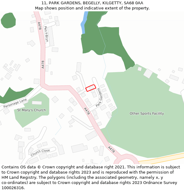 11, PARK GARDENS, BEGELLY, KILGETTY, SA68 0AA: Location map and indicative extent of plot