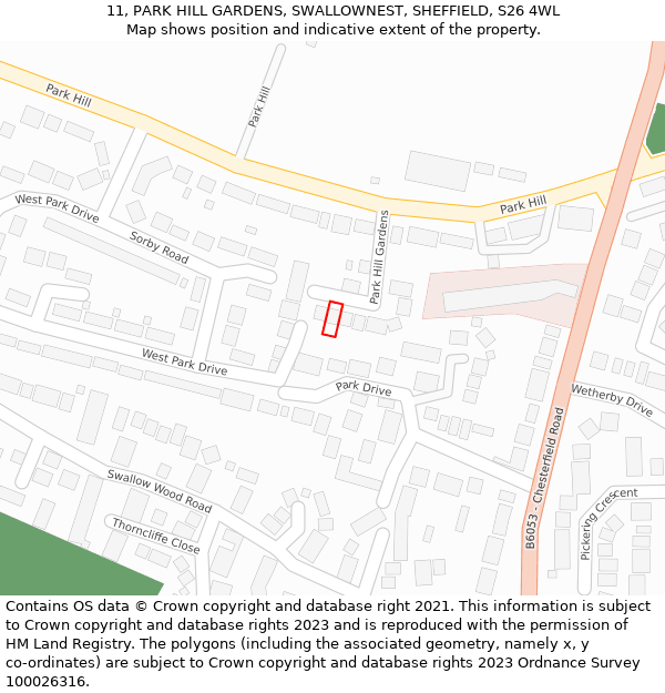 11, PARK HILL GARDENS, SWALLOWNEST, SHEFFIELD, S26 4WL: Location map and indicative extent of plot