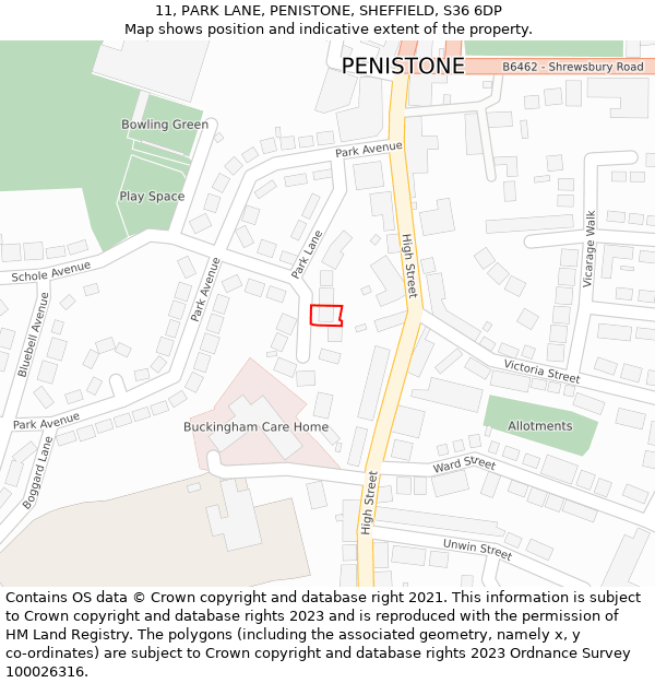 11, PARK LANE, PENISTONE, SHEFFIELD, S36 6DP: Location map and indicative extent of plot