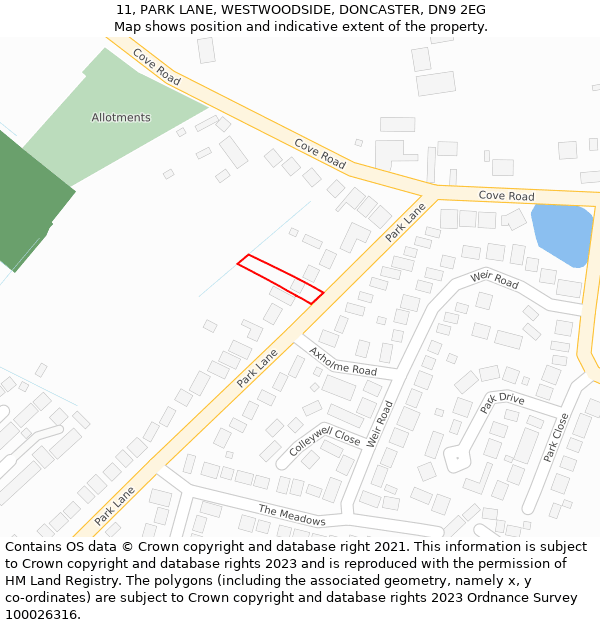 11, PARK LANE, WESTWOODSIDE, DONCASTER, DN9 2EG: Location map and indicative extent of plot