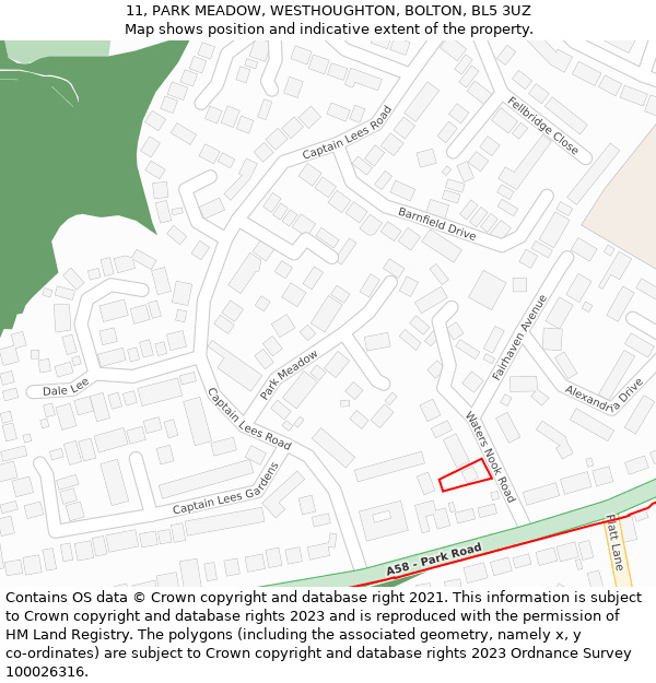 11, PARK MEADOW, WESTHOUGHTON, BOLTON, BL5 3UZ: Location map and indicative extent of plot