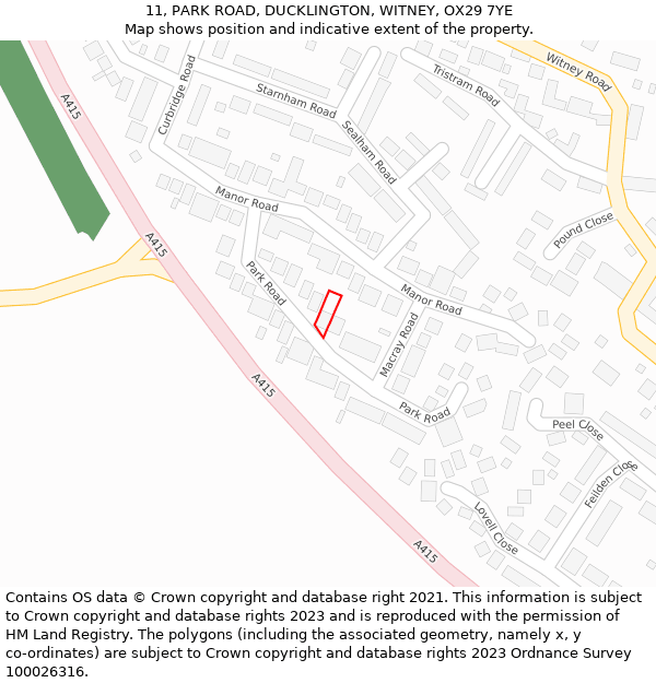 11, PARK ROAD, DUCKLINGTON, WITNEY, OX29 7YE: Location map and indicative extent of plot