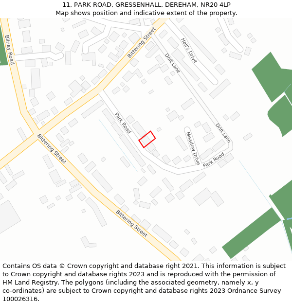 11, PARK ROAD, GRESSENHALL, DEREHAM, NR20 4LP: Location map and indicative extent of plot