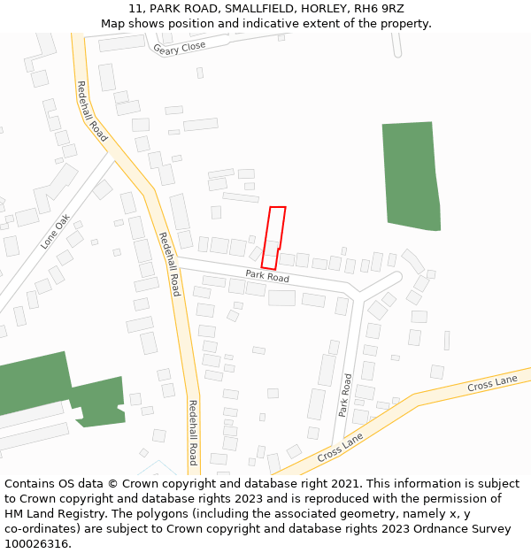 11, PARK ROAD, SMALLFIELD, HORLEY, RH6 9RZ: Location map and indicative extent of plot