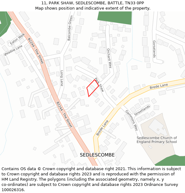 11, PARK SHAW, SEDLESCOMBE, BATTLE, TN33 0PP: Location map and indicative extent of plot