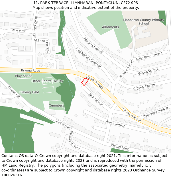 11, PARK TERRACE, LLANHARAN, PONTYCLUN, CF72 9PS: Location map and indicative extent of plot