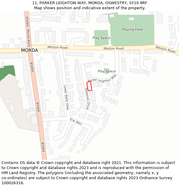 11, PARKER LEIGHTON WAY, MORDA, OSWESTRY, SY10 9RF: Location map and indicative extent of plot