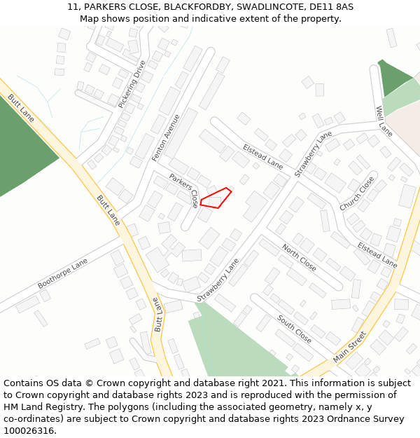 11, PARKERS CLOSE, BLACKFORDBY, SWADLINCOTE, DE11 8AS: Location map and indicative extent of plot