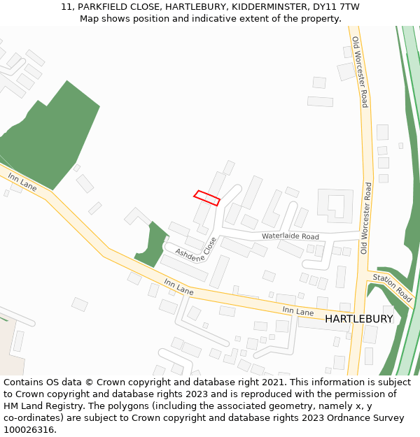 11, PARKFIELD CLOSE, HARTLEBURY, KIDDERMINSTER, DY11 7TW: Location map and indicative extent of plot