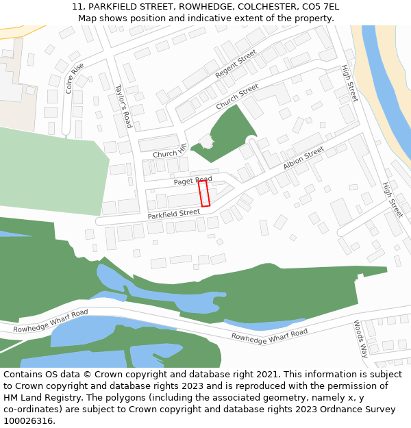 11, PARKFIELD STREET, ROWHEDGE, COLCHESTER, CO5 7EL: Location map and indicative extent of plot